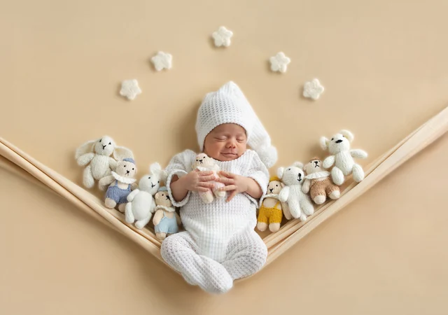 Newborn in a pale wrap among soft toys and stars against a beige background